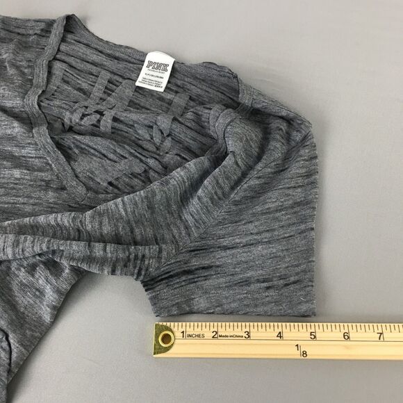 Victoria's Secret PINK Logo Cotton Blend Short Sleeve Top Sheer Grey Size S - Picture 11 of 14